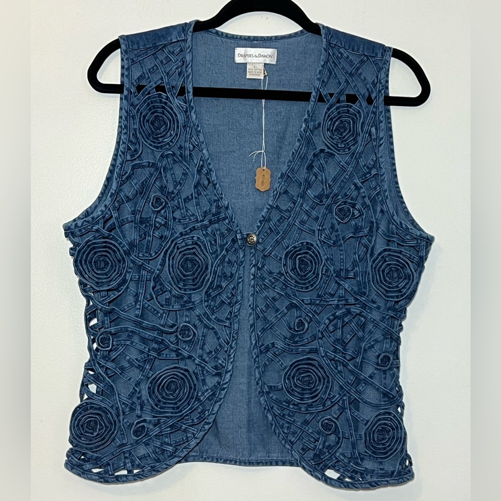 Vintage Drapers & Damons Blue Denim Cutout Sleeveless vest w/ button